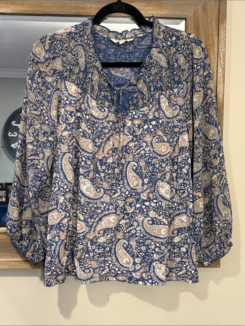 Women's Paisley Tie-Neck Blouse - Navy
